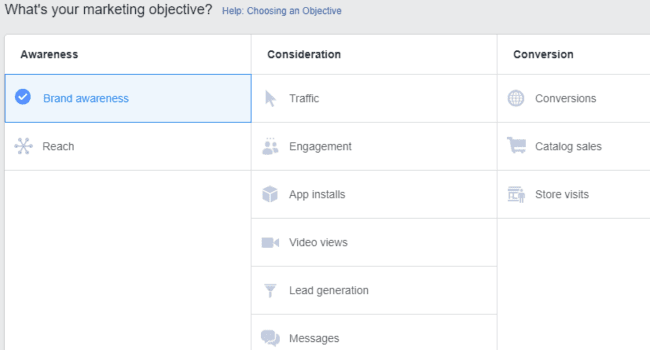 Facebook ad marketing objective